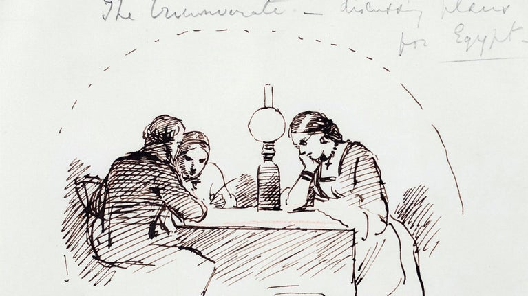 sketch of three figures in black and white, two ladies and one man sitting round a table with an Oil lamp